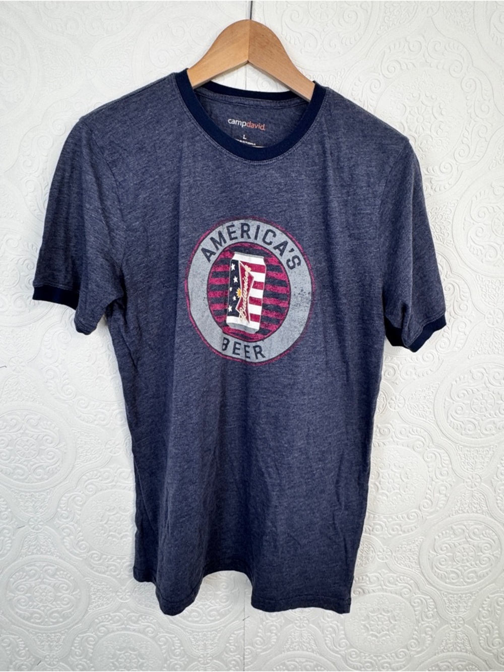 Camp David Men's size Large Budweiser America's Beer Tee T-Shirt Blue Jersey